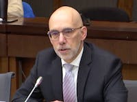 Parliamentary Budget Officer Yves Giroux speaks before the House of Commons finance committee in April 2023.
