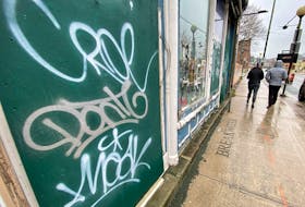 Graffiti on a vacant business building on Water Street in downtown St. John’s. Property owners are constantly dealing with damage from graffiti and the RNC has made a number of recent arrests. — Keith Gosse/The Telegram