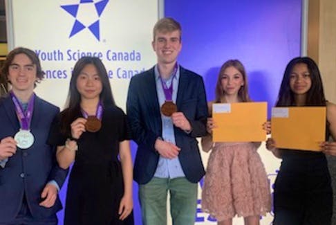 Patrick Casey, left, Sophie Kong, Sietse de Backer, Mya Hart and Violeta Menz-Lozada showcased their scientific talents at the 61st Canada Wide Science Fair held in Alberta.