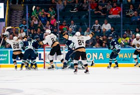 The Newfoundland Growlers celebrated a 4-1 win over the Florida Everblades in Game 3 of the ECHL Eastern Conference finals on Monday night. The win gave the Growlers their first win of the series as Florida leads 2-1 as the series shifts to St. John’s this week. Photo courtesy Newfoundland Growlers