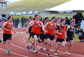 Participants in the senior boys 800-metre sprint taking off from the starting line. Brendyn Creamer
