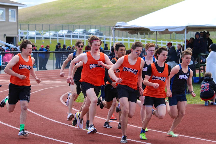 Participants in the senior boys 800-metre sprint taking off from the starting line. Brendyn Creamer