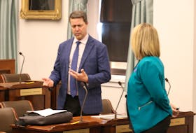 PC MLA Brad Trivers  speaks to Mermaid-Stratford PC MLA Jenn Redmond. On May 19, Trivers questioned Premier Dennis King about his decision to freeze rental rates for tenants in 2023. Stu Neatby • The Guardian