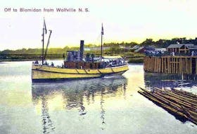 Many vessels — both large and small — have sailed the waters around the Bay of Fundy, stopping at various ports along Nova Scotia’s coast line. This postcard image depicts the Kipawo leaving Wolfville en route to Blomidon.