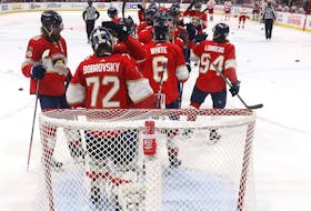 Sergei Bobrovsky and the Florida Panthers celebrate after defeating the Carolina Hurricanes.