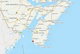 The red dot on this map shows the epicentre of a May 24 earthquake, which was a 2.3 magnitude at a depth of five kilometres, that occurred off Yarmouth. The yellow dot up past Digby is a 2.0 magnitude earthquake that occurred on May 2 near Cornwallis Park, at a depth of 5 kilometres. EARTHQUAKES CANADA WEBSITE