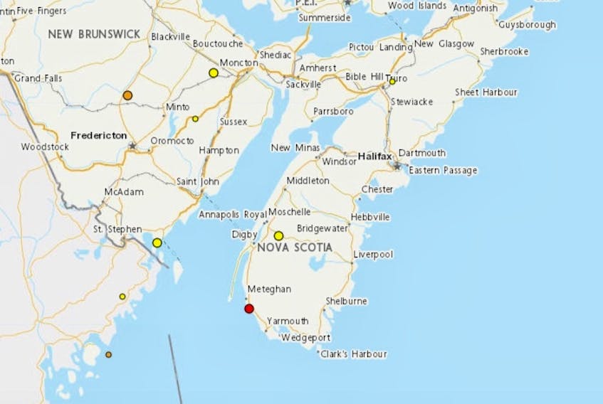 The red dot on this map shows the epicentre of a May 24 earthquake, which was a 2.3 magnitude at a depth of five kilometres, that occurred off Yarmouth. The yellow dot up past Digby is a 2.0 magnitude earthquake that occurred on May 2 near Cornwallis Park, at a depth of 5 kilometres. EARTHQUAKES CANADA WEBSITE