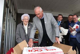 Berwick resident Mary Fraser and Mayor Don Clarke cut the cake celebrating Berwick’s 100th year as an incorporated town May 25. Among the speakers taking part in the ceremony, from right, were West Nova MP Chris d’Entremont, Kings West MLA Chris Palmer and Kings-Hants MP Kody Blois. Fraser will turn 100 in October.
