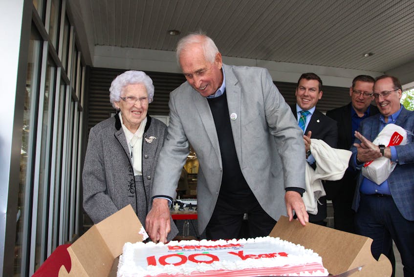 Berwick resident Mary Fraser and Mayor Don Clarke cut the cake celebrating Berwick’s 100th year as an incorporated town May 25. Among the speakers taking part in the ceremony, from right, were West Nova MP Chris d’Entremont, Kings West MLA Chris Palmer and Kings-Hants MP Kody Blois. Fraser will turn 100 in October.