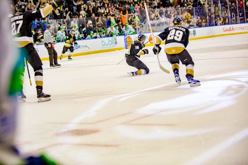 Jonny Tychonick, No. 18, celebrates after netting the game four overtime winner in the ECHL Eastern Conference Final against the Florida Everblades on May 25. Newfoundland Growlers photo