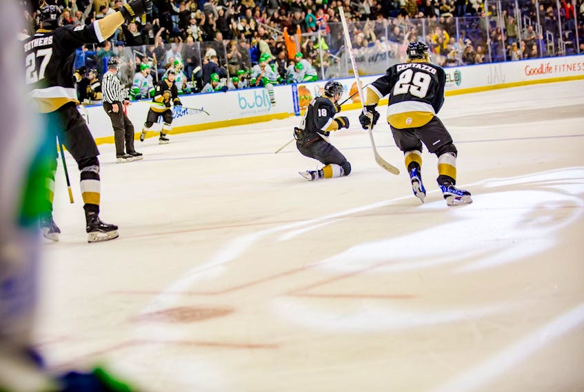 Jonny Tychonick, No. 18, celebrates after netting the game four overtime winner in the ECHL Eastern Conference Final against the Florida Everblades on May 25. Newfoundland Growlers photo
