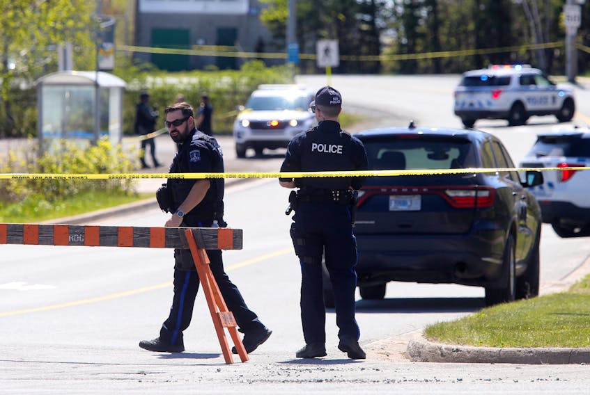 FOR NEWS STORY:
Halifax regional police are seen at the scene of a fatal police involved shooting on Mic Mac Blvd in Dartmouth Saturday morning May 27, 2023.
According to HRP release:...." at approximately 9 a.m. Halifax Regional Police responded to a weapons incident involving a man with a weapon in the area of a sports field near Micmac Boulevard and Woodland Avenue. While attempting to arrest the man, he confronted the officers with the weapon, and officers discharged service weapons. The man was taken to hospital where he was later pronounced deceased.
As the incident has been referred to SiRT, they will handle all further inquiries related to this incident while their investigation continues. "