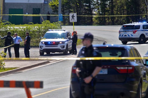 FOR NEWS STORY:
Halifax regional police are seen at the scene of a fatal police involved shooting on Mic Mac Blvd in Dartmouth Saturday morning May 27, 2023.
According to HRP release:...." at approximately 9 a.m. Halifax Regional Police responded to a weapons incident involving a man with a weapon in the area of a sports field near Micmac Boulevard and Woodland Avenue. While attempting to arrest the man, he confronted the officers with the weapon, and officers discharged service weapons. The man was taken to hospital where he was later pronounced deceased.
As the incident has been referred to SiRT, they will handle all further inquiries related to this incident while their investigation continues. "