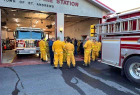 First responders at the Saint Andrews Fire Department prepare for another day of battling Stein Lake fire in the Chamcook and Bocabec areas. Brad Henderson Facebook photo.