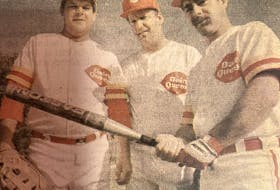Steve Fraser, middle, is considered by many to be the best fastball pitcher to ever come from Cape Breton Island. Fraser is pictured with Cliff Surette, left, and Billy Gillis as members of the Dairy Queen All-Stars in 1992. CAPE BRETON POST FILE