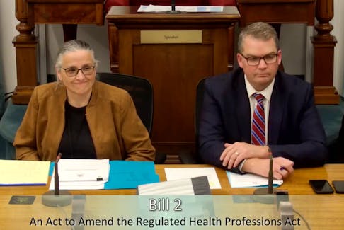 Legislative specialist Nichola Hewitt, left, and Justice Minister Bloyce Thompson speak before the legislative assembly on May 24 about changes to the Regulated Health Professions Act. The changes would eliminate a requirement that health professionals show a letter of good standing from previous jurisdictions in which they have practised. Screengrab