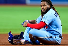 Vladimir Guerrero Jr. of the Toronto Blue Jays reacts after ending the eighth during a game against the Tampa Bay Rays against the Toronto Blue Jays at Tropicana Field on May 24, 2023 in St Petersburg, Florida. (Photo by Mike Ehrmann/Getty Images)
