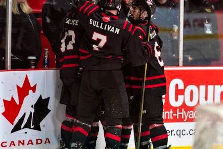 Defenceman Jack Sullivan of Shortts Lake, Colchester County celebrates a goal with his Pictou County Major U-18 Weeks teammates at the national major U-18 championship last week in Saint-Hyacinthe, Quebec. The Atlantic champion Weeks went 1-4 at the event and featured, along with Sullivan, Colchester players Logan Roop (Brookfield), Aidan Tucker (Truro), Drew Williams (Valley) – all forwards - defenceman Logan Quinn (Bible Hill) and goaltender Colby Brown from Brookfield. Hockey Canada