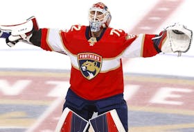Sergei Bobrovsky of the Florida Panthers warms up prior to Game 3 of the Eastern Conference final.
