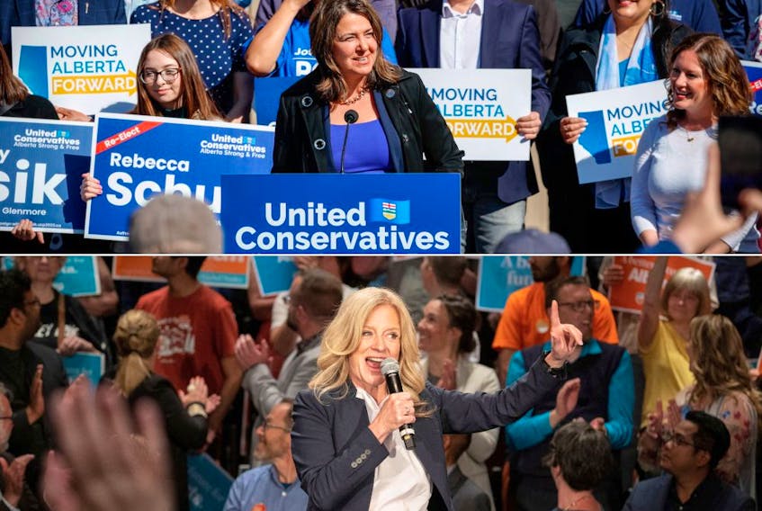 United Conservative Party Leader Danielle Smith, top, and NDP Leader Rachel Notley hold rallies in the lead-up to Monday's provincial election in Alberta.