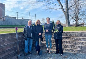 from left to right: Councillor Clyde Fraser, Mayor Nancy Dicks, Carey Allan of New GlasGrow Community Garden Society President and Deputy Mayor Dawn Peters at the new location for the New Glasgow Community Garden.