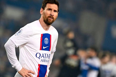 Paris Saint-Germain forward Lionel Messi reacts during a match against RC Strasbourg Alsace.