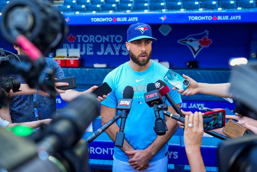 Anthony Bass talks to the media before the Blue Jays play the Milwaukee Brewers at Rogers Centre Tuesday.