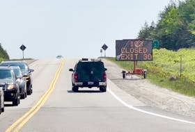 A sign at on Highway 103 in Yarmouth warns drivers of areas in the Barrington area where the highway is closed due to the wildfire situation. TINA COMEAU PHOTO