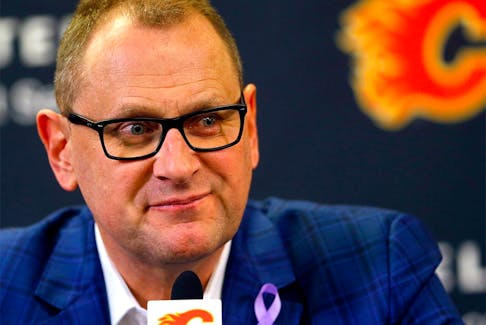 FILE PHOTO: Then-Calgary Flames general manager Brad Treliving speaks to the media on Wednesday, March 16, 2022. Treliving was officially hired by the Toronto Maple Leafs as their new general manager on Wednesday, May 31, 2023.