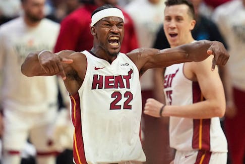 Miami Heat forward Jimmy Butler celebrates after making a shot against the Milwaukee Bucks in the fourth quarter during game four of the 2023 NBA Playoffs at Kaseya Center in Miami, Fla., on April 24, 2023.
