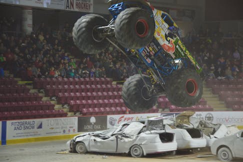Black Stallion, driven by Mike Vaters Sr., crushes vehicles during Monster Spectacular at Credit Union Place in Summerside on Monday, May 22. - Kyle Reid