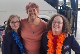 Easter Seals P.E.I. ambassadors Meghan Rogers, left, and Katelyn Rogers, right, with school tour co-ordinator Janice Blacquiere during the 2023 Easter Seals P.E.I ambassadors' school tour. This year's tour raised a record-breaking $68,468 for the Island charity. Contributed