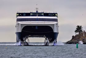 The Cat ferry sails into Yarmouth harbour on May 4 in advance of the ferry's 2023 sailing season, which will get underway on May 25. ERVIN OLSEN PHOTO