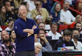Apr 22, 2023; Miami, Florida, USA; Milwaukee Bucks head coach Mike Budenholzer looks on from the sideline in the third quarter against the Miami Heat during game three of the 2023 NBA Playoffs at Kaseya Center. 