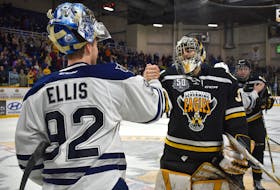 Kevin Mandolese of the Cape Breton Eagles, right, and Colten Ellis of the Rimouski Océanic shake hands following Game 5 of the 2019 best-of-seven second round Quebec Major Junior Hockey League playoff series between the two teams at Centre 200 in Sydney. Ellis and the Océanic won the series 4-1 and advanced to the league’s semifinal series that year. JEREMY FRASR/CAPE BRETON POST