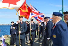 Cadets from the Canadian Coast Guard College formed the colour guard at the Battle of the Atlantic remembrance ceremony on the Sydney harbourfront Sunday. BARB SWEET/CAPE BRETON POST