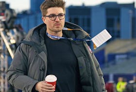 Kyle Dubas of the Toronto Maple Leafs heads to practice in 2022.