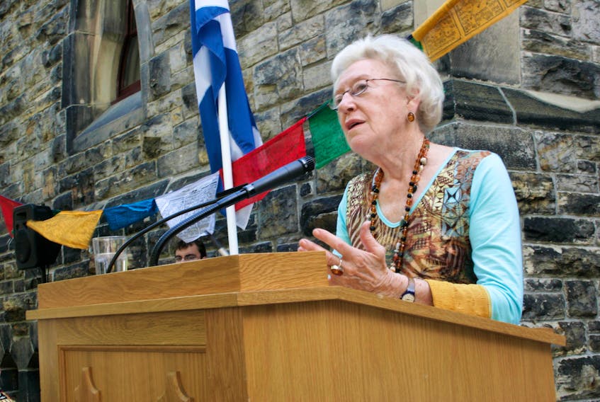 Flora MacDonald speaks at her 80th birthday on Parliament Hill in Ottawa in  2006. Herald File
