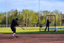 Islanders veteran catcher Logan Gallant taking batting practice at the team's weekly practice ahead of this weekend's doubleheader against Fredericton. The Islanders host the Fredericton Royals in a New Brunswick Senior Baseball League (doubleheader at Memorial Field on June 3 at 2 p.m.