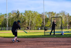Islanders veteran catcher Logan Gallant taking batting practice at the team's weekly practice ahead of this weekend's doubleheader against Fredericton. The Islanders host the Fredericton Royals in a New Brunswick Senior Baseball League (doubleheader at Memorial Field on June 3 at 2 p.m.
