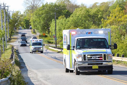 Ambulances head to Roseway Hospital in Shelburne to help evacuate patients on May 31. Patients were transferred to other hospitals on the south shore and Roseway Hospital was closed until the situation allowed it to reopen. COMMUNICATIONS NOVA SCOTIA