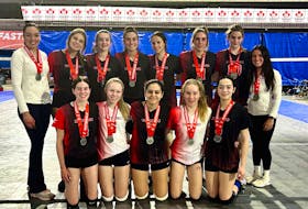The Charlottetown-based Inferno Volleyball Club (IVC) won P.E.I.’s first-ever medal in 18U girls at the Canadian championships in Calgary, Alta., recently. The IVC, comprised of players from across the province, earned a silver medal in Division 3’s Tier 2. Team members are, front row, from left, Maggie Campbell, Jessica Thibeau, Doga Yesil, Sadie Doyle and Kayla Storey. Back row, from left, are Alice Champion, head coach, Trista Campbell, Alina Crockett, Ava Tweedy, Eve Lawless, Maddy Keough, Shay Wood and Bella Walsh, assistant coach. Contributed