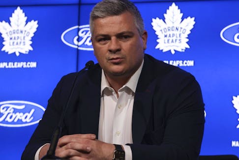 Toronto Maple Leafs head coach Sheldon Keefe speaks at the podium on locker cleanup day in Toronto on Monday, May 15, 2023. 