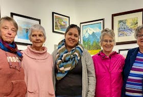 Artists, from left, Dale Gruchy, Suzanne Patry, Gracie Quinones, Jean Lueng, and Mary Anne Brunelle make up the Gallery 360 collective in Wolfville. Missing from the group photo is Ellen Trefry.