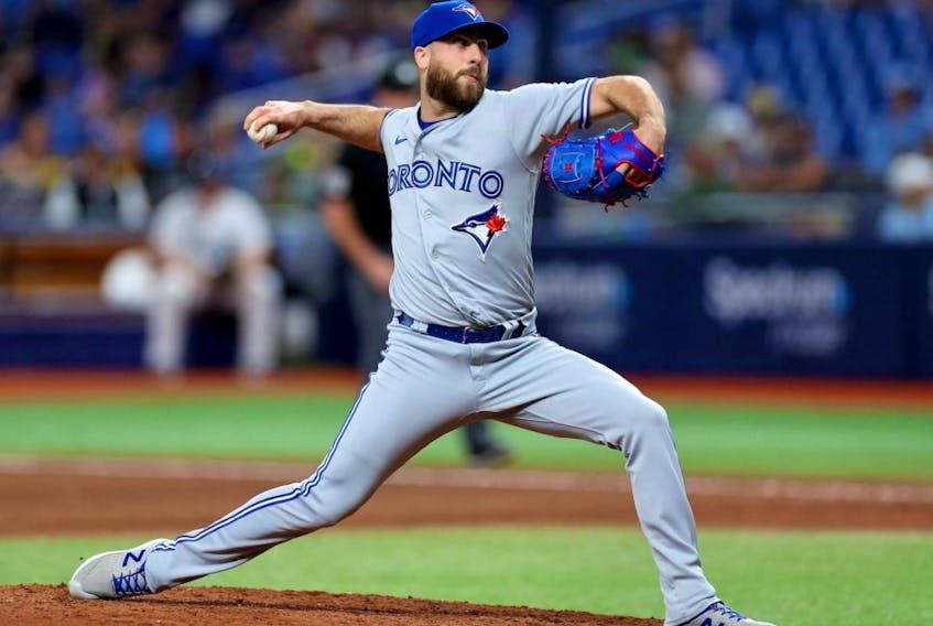 Anthony Bass of the Blue Jays pitches in the seventh inning during a game against the Rays at Tropicana Field in St Petersburg, Fla., May 22, 2023.
