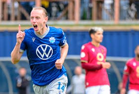 HFX Wanderers midfielder Callum Watson celebrates one of two goals he scored in his club's 2-0 victory over visiting Valour FC at the Wanderers Grounds on Saturday afternoon. - Trevor MacMillan / Canadian Premier League