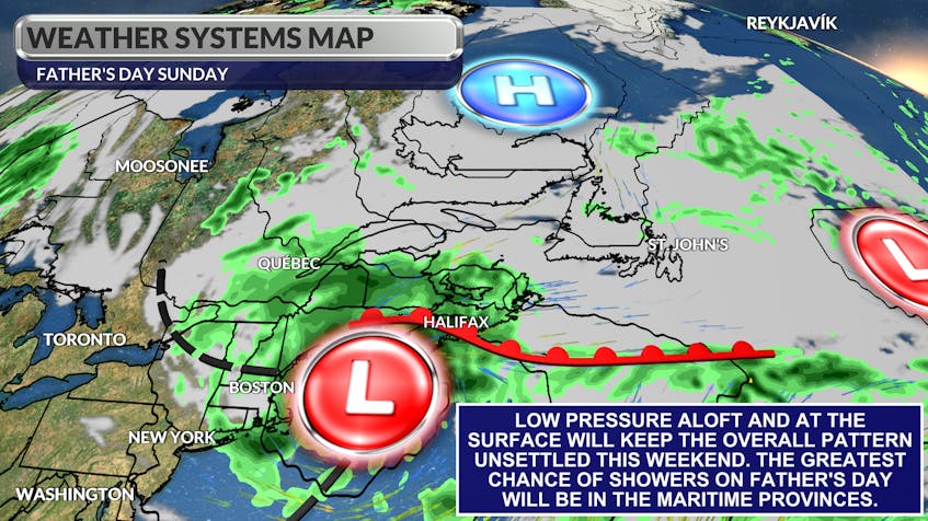 Low-pressure will bring widespread showers to the Maritimes on Father’s Day, with a chance of showers in Newfoundland.