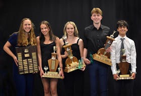 Colonel Gray High School held its annual athletic awards banquet recently. Major senior award winners were, from left, Julia Smith, W.H. Horton Spirit Award, Eve Lawless, recipient of The Creighan, Mullally, MacLeod Memorial Award, Sara Hanlon, female athlete of the year, Nate Whitnell, male athlete of the year, and Zakaria Sefau, recipient of The Ayangma, Houston, Matheson Memorial Award. Contributed