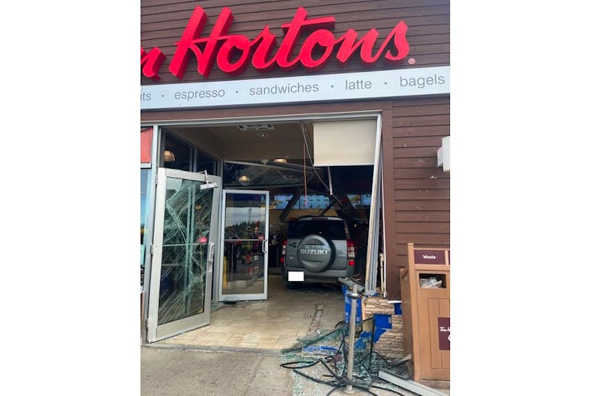 Whitbourne RCMP is investigating after an elderly driver unintentionally pressed gas crashing into a Tim Hortons in Whitbourne on Sunday, June 18. Contributed