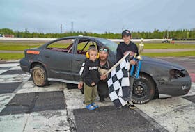 Brennan MacInnis of Glace Bay rode to victory Saturday afternoon at Bud’s Speedway in the Four and Six Cylinder Showdown for the Saf-way Auto Parts V6 Thunder. CONTRIBUTED